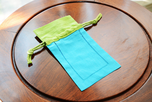 Hemstitch sachet bag, multi color, aqua & hot green border